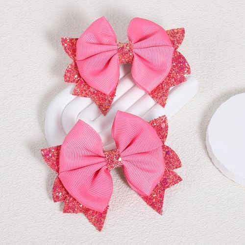 3.5 in Glittery Hot Pink Hair Bows Barrettes, Boutique Ribbon Bow-knot Hair Clips Aligator Hair Pins Sparkly Sequins Accessories for Teens Toddler Girls Kids Womens Set of 2 - Image 2