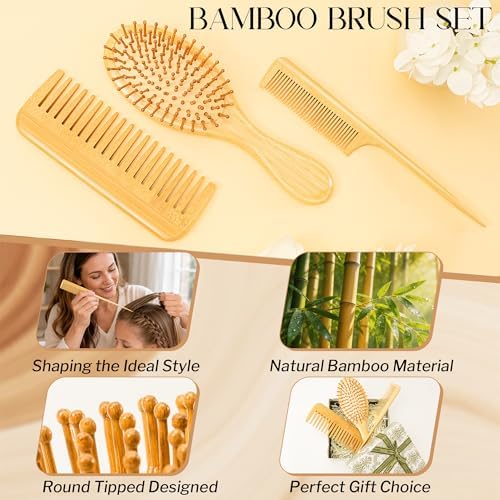 Bamboo Hair Brush for Hair Growth, Natural Bamboo Bristles Detangling Wooden Paddle Hairbrush for Massaging Scalp, for Women Men and Kids, for All Hair Types, with Ergonomic Handle (Set-3Pcs) - Image 4