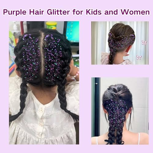 MEICOLY Purple Hair Glitter Kids Makeup,Holographic Halloween Game Day Spirit Day Face Glitter,Self-Adhesive Mermaid Sequins Face Body Glitter,Chunky Glitter for Festival Rave Accessories - Image 3