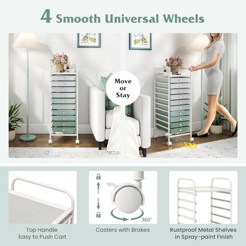 Giantex 10-Drawer Rolling Storage Cart w/Wheels, Handle, Removable Drawers, Mobile Organizer Storage Unit, Trolley Utility Cart for Home Kitchen Living Room Office Play Room, Green Gradient - Image 6