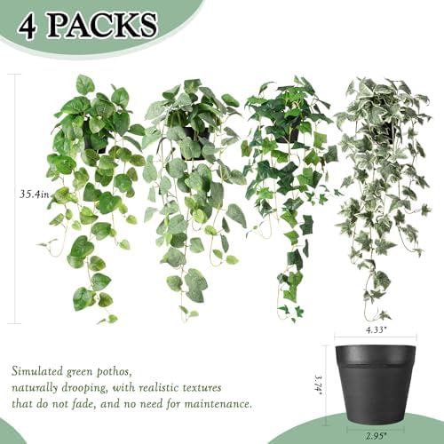 Artificial Plants Indoor with Pots, Fake Pothos Hanging Plant Set of 2, Silk Faux Greenery Ivy for Outdoor, Realistic Fake Potted Plants for Shelves Office Wall Decor, Green 33In - Image 2