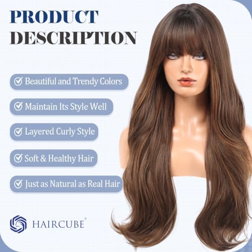 HAIRCUBE Long Wig with Bangs Layered Curly Wigs for Women Natural Synthetic Wigs for Daily Use (#4/27 pelucas de cabello natural) - Image 3