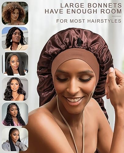 AWAYTR 2-Layer Satin Bonnet for Braids, Wide Band Long Sleep Cap Brown - Image 4