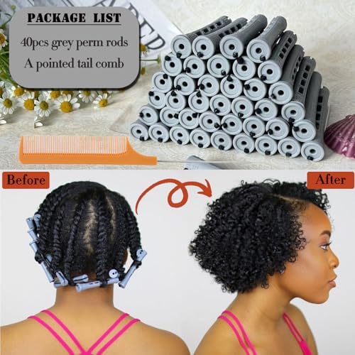 Perm Rods Set for Short Natural Hair 40pcs Gray Plastic Cold Wave Rods Hair Curling Rollers with Steel Pintail Comb Rat Tail DIY Hairdressing Tools（40pcs Gray） - Image 5
