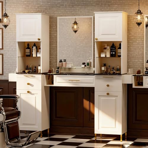 Salon Stations for Hair Stylist, Barber Station w/Glass Shelf & Golden Handles, Hair Salon Station Beauty Salon Spa Equipment w/6 Hair Dryer Holders, 2 Storage Cabinet & Drawers（White-New） - Image 2