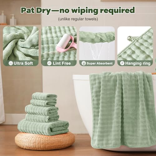 COZYART Lint Free 8 Pcs Bathroom Towel Set Ultra Soft Microfiber Sage Green - Image 7