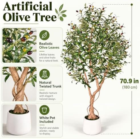 6ft Artificial Olive Tree with Tall Exquisite Planter Realistic Faux Olive Tree with Thick Trunk and Lifelike Leaves - Large Fake Olive Tree for Home Living Room Office Decor - Image 5