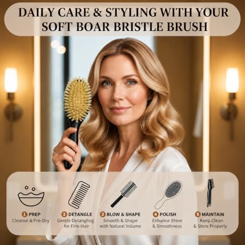 100% Boar Bristle Hair Brush for Fine Hair, Soft Boar Bristle Oval Cushion Brush for Girls & Women with North American Oak Wood Handle, Wide Tooth Comb & 2-in-1 Cleaning Tool for Daily Shine, Black - Image 6