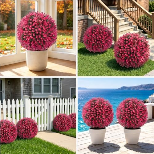 Artificial Red Eucalyptus Topiary Ball Tree, Set of 2 Fake Boxwood Bushes Shrubs with Ground Spike, UV Resistant Faux Evergreen Trees Ball for Front Porch Planters Outdoor Garden Decor - Image 6