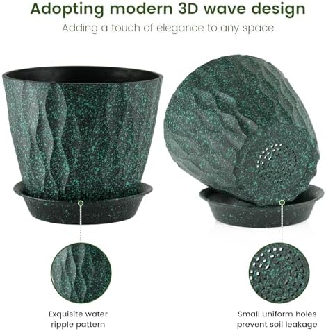 Meowell 7 inch Plant Pots for Indoor Outdoor Plants, 5 Pack Thick Flower Pots with Drainage Holes and Saucers, 3D Modern Wave Texture Plastic Planter Nursery Pots, Black with Green Speckles - Image 3
