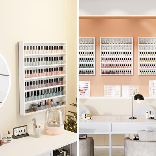 OmySalon Nail Polish Organizer Wall Mount - Holds 120+ Bottles with Acrylic Barrier, Salon Display Rack for Home Spa & Nail Studio - Assembly Required, Wooden Polish Storage (White, 6-Tier) - Image 2