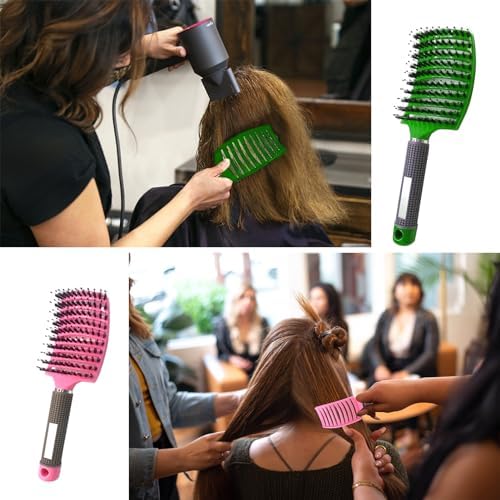 2 PACK Boar Bristle Hair Brush No Pull Curved Vented Hair Brushes Detangler Brush Fast Blow Drying Hair Brush for Kids Men Women Wet Dry Long Thin Thick Curly Tangled Hair (pink+green) - Image 5