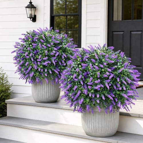 27.5" Artificial Lavender Boxwood Topiary Ball Trees, Set of 2 Fake Shrubs Bushes with Ground Spike, UV Resistant Faux Evergreen Tree for Front Porch Outdoor Garden Decor by Unknown
