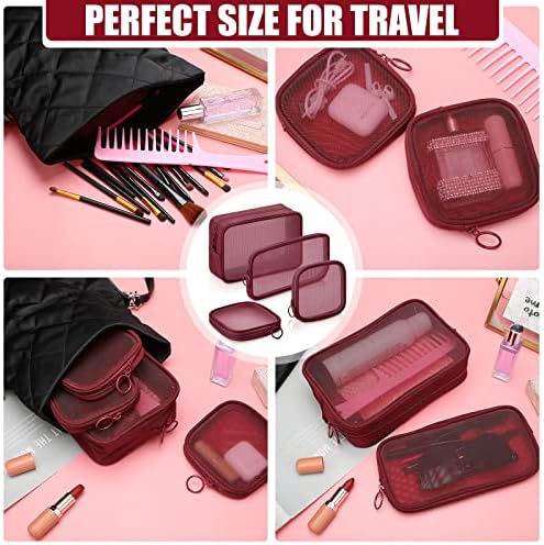 Weewooday 4Pcs Mesh Makeup Bag, Wine Red, Small, Large, Medium, Classic - Image 4