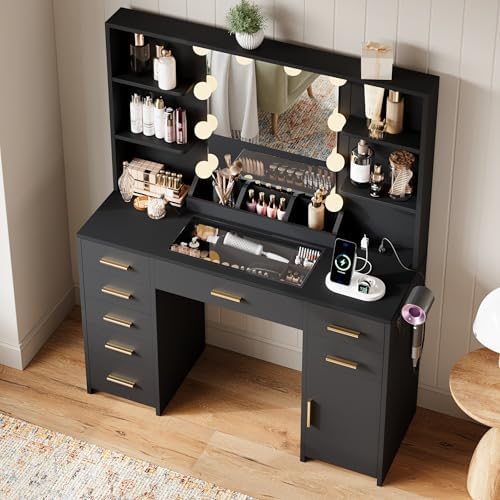 ELYKEN Makeup Vanity Desk with Mirror and Lights, Glass Top, Black - Image 2
