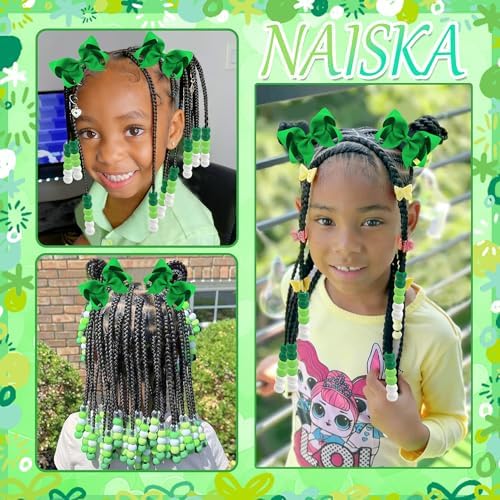 NAISKA 62PCS Green Hair Beads for Braids Kids Girls Hair Bow Clips 3 Colors Loc Beads Cute Bowknot Hair Clips Jewelry Hair Accessories for Girls - Image 7