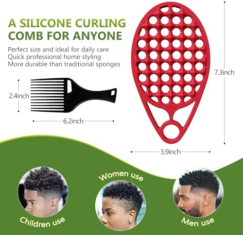 KOUPA Silicone Afro Twist Brush with Pick Comb for Coily Hair Curls, Red - Image 3