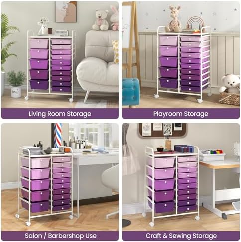 Giantex 15 Drawers Rolling Cart, Classroom Organizers, Storage Cart with Wheels, for Teacher Office Home School Supplies Tool Craft Art Paper, Purple Gradient - Image 4