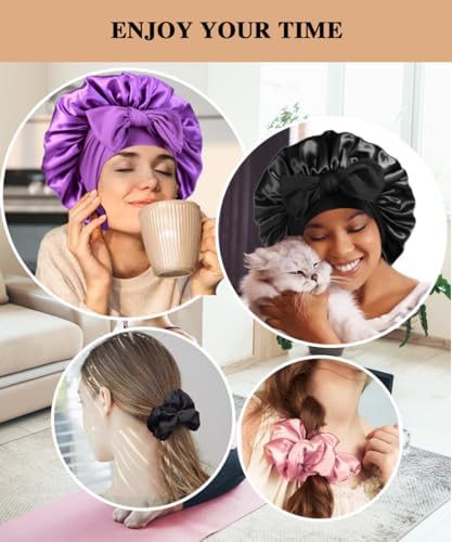 2+3 Large Satin Bonnets with Scrunchies for Women, Hair Bonnet Sleeping Tie Bonnet for Braids Curly Hair - Image 5