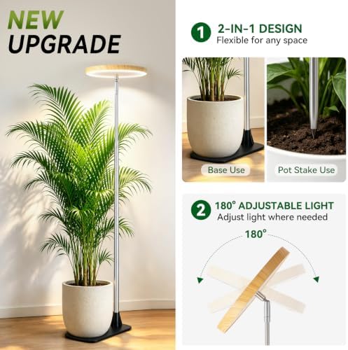 LBW Grow Lights for Indoor Plants, 80 LEDs Full Spectrum Disc Plant Light with Base, 2-in-1 Base & Stake Design Grow Lamp, 65" Height Adjustable, 6/8/12/16H Auto Timer,5 Dimming Levels, Bamboo Grain - Image 3