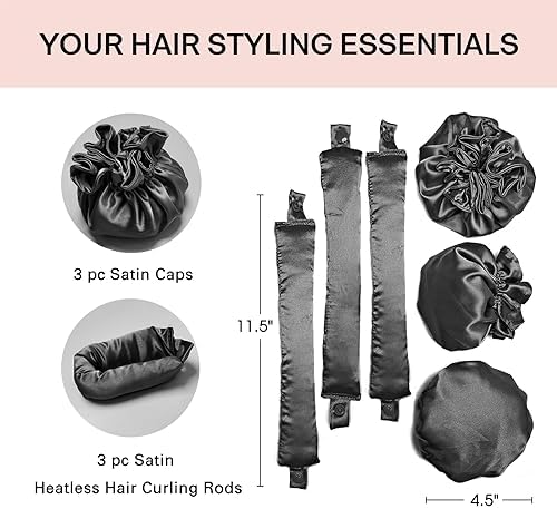 3Sets/6PCS Ariuvor New Satin Heatless Hair Curler,Hair Rollers for Heatless Curls with Hair Caps,Soft Heatless Curling Rod Headband for Long Hair,No Heat Curling to Sleep in Overnight(black) - Image 2