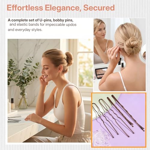 300PCS Hair Pins and Clear Elastic Bands Set, 200PCS Bobby Pins & U Shaped Hair Pins with Organizer Box, 100PCS Rubber Hair Ties for Women Girls, Brown - Image 6