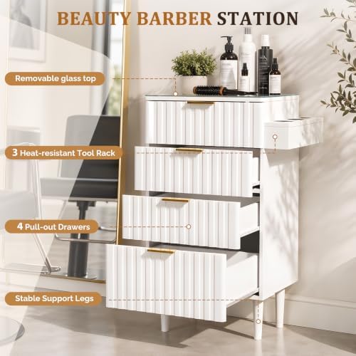 OmySalon Salon Station, Barber Station for Hair Stylist, Storage Cabinet with Glass Top & Drawers & Heat Resistant Dryer Holders, Modern Retro Style (White) - Image 4
