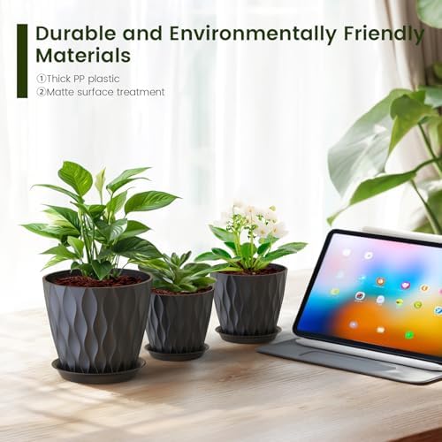 Meowell 7/6.5/6/5.5/5/4.5/4 inch Plant Pots for Indoor Outdoor Plants, 7 Pack Thick Flower Pots with Drainage Holes and Saucers, Modern Wave Texture Plastic Planter Pots for Nursery, Succulent, Black - Image 5