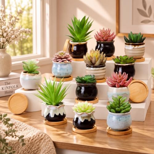 Remerry 18 Pcs Ceramic Small Succulent Pots 2.5 in with Drainage Bamboo by Remerry