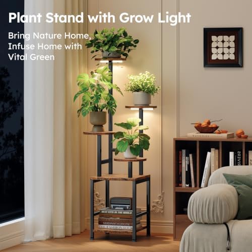 Round Plant Stand Indoor with Grow Light, 5-Tiered Tall Plant Stand Indoor, Metal Plant Shelf with Adjustable Light, Ideal for Living Room, Garden, Patio (Black Brown) - Image 2