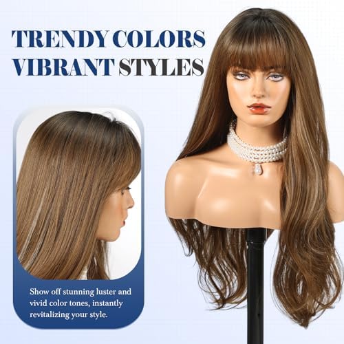 HAIRCUBE Long Ombre Brown with Highlight Wig with Bangs Layered Curly Wigs for Women Natural Synthetic Wigs for Daily Use (pelucas de cabello natural) - Image 4