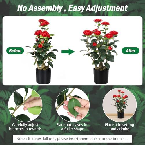 Romantic Season 2FT Red Artificial Camellia Tree 2Pack, Faux Camellia Plant Fake Potted Camellia Flower Tree for Modern Home Office Living Room Floor Décor - Image 6