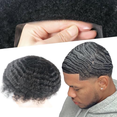 Mens Afro Curly Toupee 10MM Weave Hair Unit for Black Mans Human Hair Wigs PU 1B# Off Black Mens Hairpiece 8x10inch Kinky Curly 360 Wave Patch Units for African American by lumeng