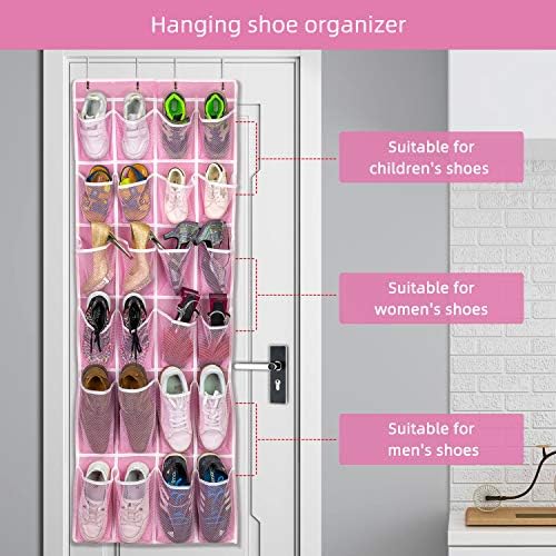 SAVERHO 2 Pack Hanging Shoe Organizer, Over Door Shoe Organizer with 24 Mesh Large Pockets Shoe Storage Bag for Closet Entryway Dorm, Space Saving Hanging Door Shoe Rack Organizer (Pink-2pack) - Image 3
