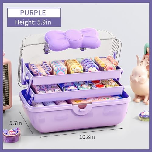 3-Layer Kids Hair Accessories Organizer with Bowknot Lock Cute Jewelry Box Headband Hair Tie Clip Organizer Box for Little Girls - Purple - Image 2