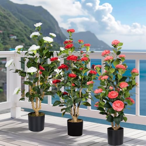 Romantic Season 2Pack Artificial Camellia Tree 3FT, Pink Faux Camellia Plant Fake Potted Camellia Flower Tree Plastic Camellia Tree for Modern Home Office Living Room Floor Décor Indoor - Image 7