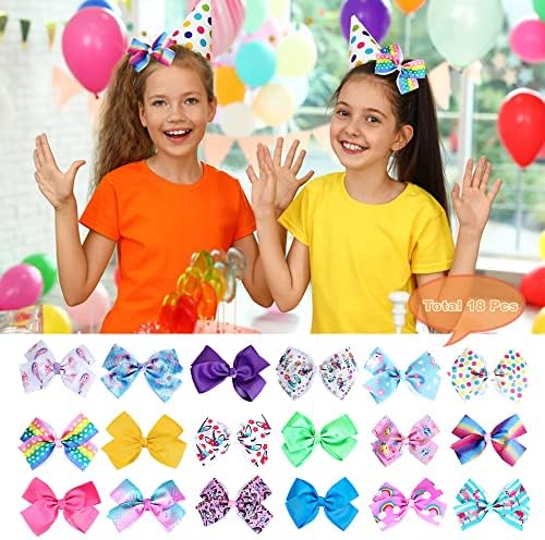 18Pcs 5 Inch Hair Bows for Girls,Colorful Rainbow Girls Hair Bows - Image 3