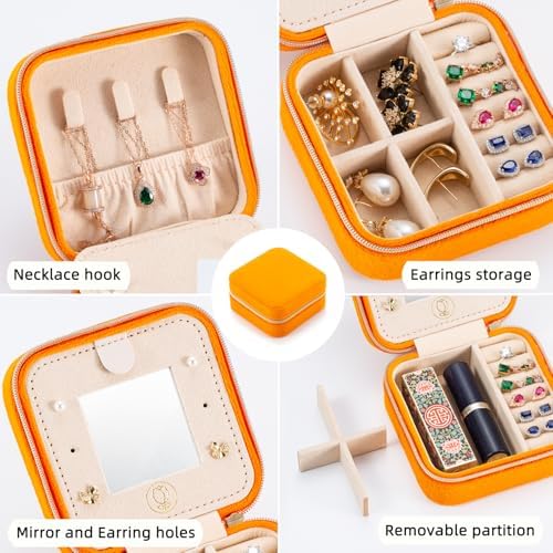 TRODANCE Plush Velvet Travel Jewelry Case Organizer, Small Travel Jewelry Box,Portable Jewelry Box Travel Mini Organizer Portable Display Storage Box For Rings Earrings Necklaces (Orange) - Image 4