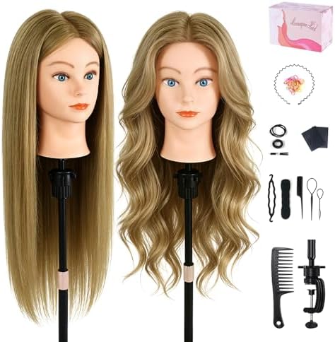 Mannequin Head with 80% Real Hair, 26" Styling Training Head Cosmetology Mannequin Head, Practice Training Doll Head with Clamp Holder and Tools (Tea Brown) by MYSWEETY