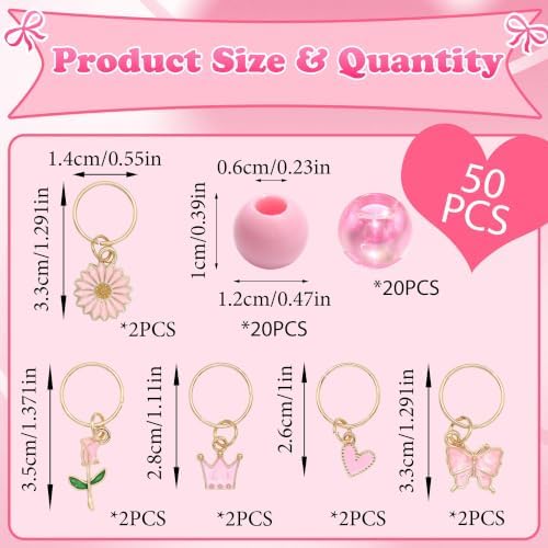 NAISKA 50PCS Pink Hair Bead for Braids Cute Hair Beads Flower Braid Jewelry - Image 4