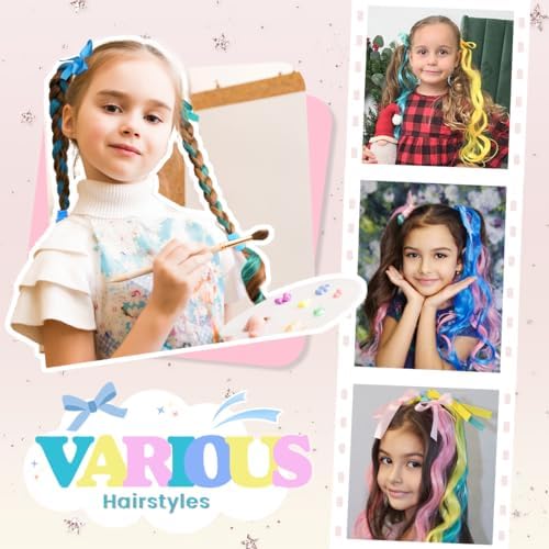 Rainbow Curly Hair Extensions with Ribbon for Halloween, 10 PCS - Image 3