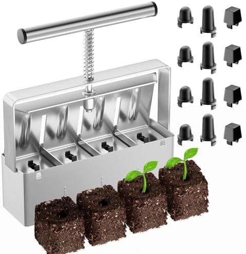 Soil Blocker, 2 Inch Soil Block Maker with 3 Sizes Seed Pins & Comfortable Handle 4 Cell Handlheld Soil Blocking Tool for Seed Starting, Grow Seedling, Outdoor Plants, Greenhouses, Garden by nanovi