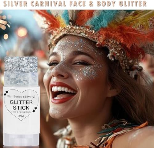 Silver Hair Glitter Stick,Cheer Body Face Glitter Stick,Mardi Gras Outfit for Women,Rave Music Festival Singer Concert Accessories,Waterproof Halloween Cosplay Shimmer Makeup - Image 2
