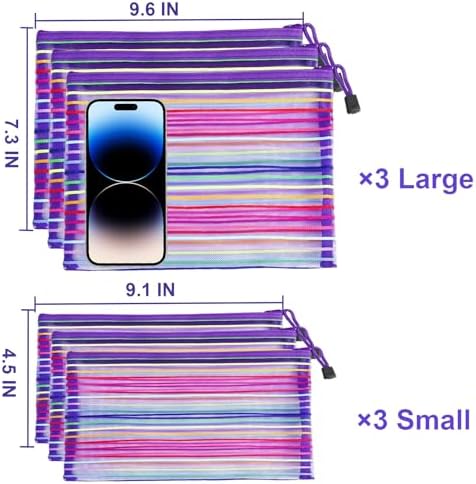 Mesh Bags with Zipper (6 Pack), Nylon Makeup Bag Cosmetic Pouches Travel Organizer Case for Purse Diaper Bag Home Organizing Striped Multi Size Purple - Image 7