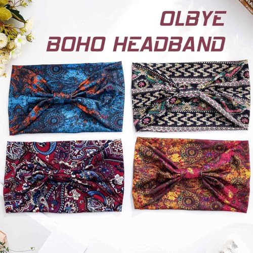 Olbye Wide Boho Headbands Floral Stretch Head Wraps Bohemian African Turban Hairbands Knotted Bandana Headband Yoga Running Head Scarfs Workout Hair Accessories for Women 4Pcs (Boho, 9.4 * 5.9'') - Image 2