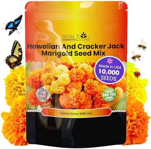 NatureZ Edge, Marigold Seeds for Planting Outdoors, 1 Ounce 10,000 Seed, Hawaiian and Cracker Jack Marigold Seeds, Made in USA, Companian Gardening Flower by NatureZEdge