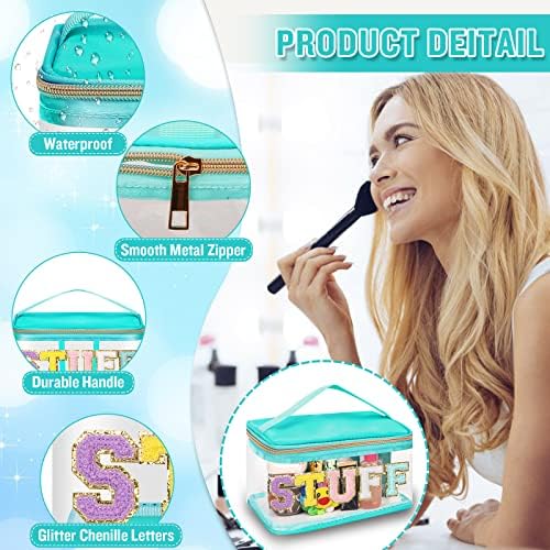 Chenille Letter Clear Makeup Bags Stuff Pouch, Preppy Patch Makeup Bag Zipper with Handle, Transparent PVC & Nylon Waterproof Glitter Cosmetic Handbag Travel Toiletry Storage for Women (STUFF-Green) - Image 3