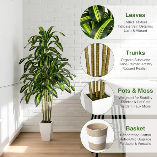Artificial Dracaena Tree 5FT Tall Fake Plant with Planter&Basket - Image 3