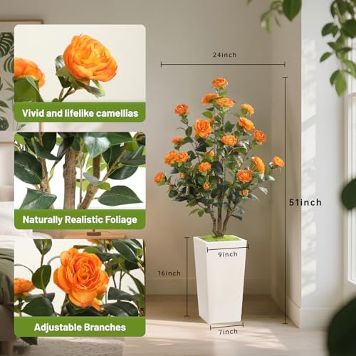 Romantic Season 4FT Artificial Camellia Tree with White Tall Planter, Orange Faux Camellia Plant Flower Tree for Modern Home Office Living Room Floor Décor Outdoor Indoor，Orange - Image 3