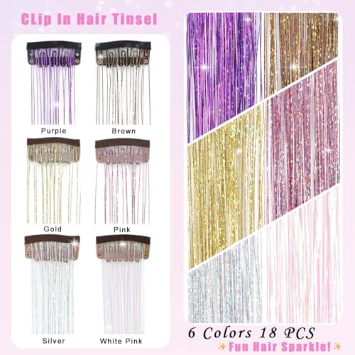 18 Pcs Hair Tinsel Clip in, 20.5 Inch Glitter Tinsel Hair Extensions, 6 Colors (Pink Silver Gold Purple Brown White) Fairy Hair Tinsel Clips Dazzling Hair Accessories for Girls Women (Six Color) - Image 3